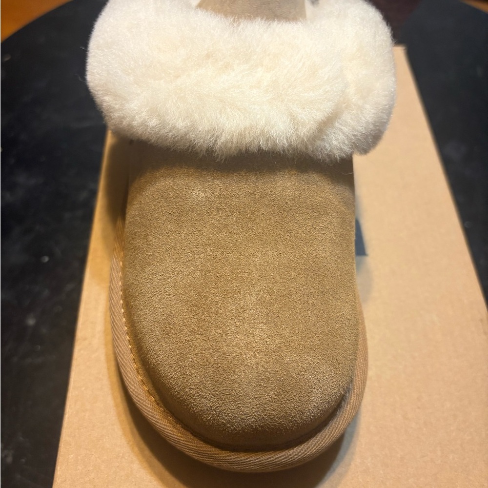 UGG Kids Cluggette Tan Suede Slippers with Cream Fur